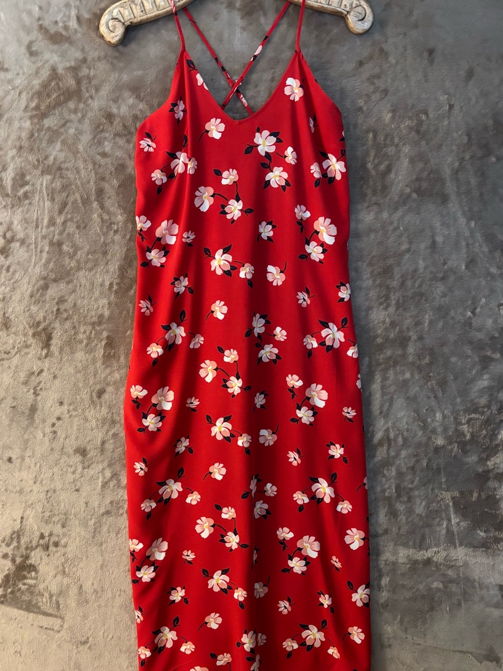 Old Navy Women’s Red Floral Midi Slip Dress with Crisscross Straps Size S